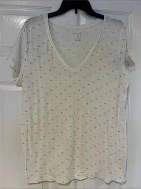 Women's White V-Neck Short Sleeve Tee with Gold and Silver Dot Detail